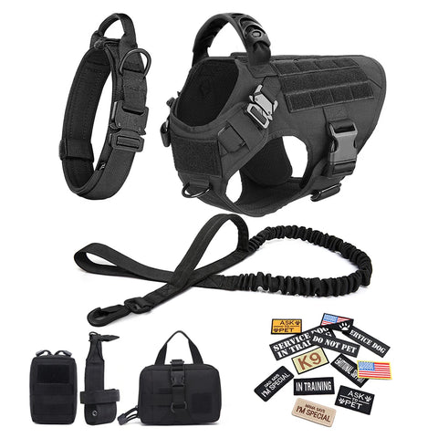Military Large Dog Harness Collar Leash Bags Patches Set Pet Malinois Training Vests Tactical Dogs Harnesses Accessories